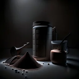 Realistic photograph of a dark studio with a shaker for protein powder, a scoop of protein powder and a protein powder bucket. High resolution.