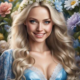 (best quality, 4k, 8k, highres, masterpiece:1.2), ultra-detailed, (realistic, photorealistic, photo-realistic:1.37),hyper realistic, gorgeous smiling 1woman,long hair,looking at viewer,realistic proportions,blue eyes,hair ornament,dress,very long hair,flower, blonde hair,parted lips,necklace,white dress,orange hair,lips,blurry background,freckles,realistic,head wreath,orange flower,realistic portrait