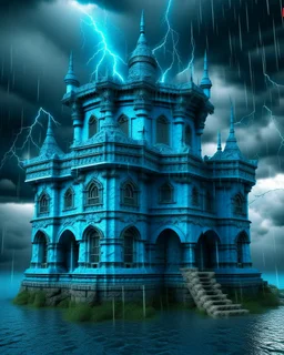 A cyan fortress in a thunderstorm designed in German folk art