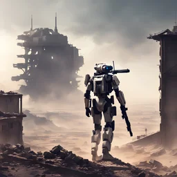 Scifi robotic sniper, on the top of a ruined building, in the dust