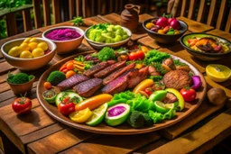 The picture shows a tasty and enticing dish containing a variety of delicious foods. The foods include slices of perfectly grilled meat and crispy fresh vegetables pulsating with colors and flavors. The background shows a simple wooden table and a warm climate that feels comfortable and enjoyable to the eating experience.