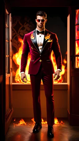 Hyper Realistic Photographic View of a handsome muscular Fire-Superhero wearing long-fancy-Maroon-tuxedo with-golden-flame-patterns on it & wearing fancy-red-sunglasses with flame-embers-around-him & standing on a vintage-crafted-balcony & maroon-open-fancy-windows & fancy-damask-wallpapers on walls at dark night showing dramatic & cinematic ambiance.