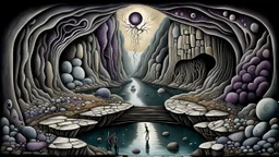 painted inner world with uncontrolled mind and neurodivergens soul, floating rocks over surreal cracked weird landscape . between two dark door one stone bridge over black river, . deep dark purple, gray, black, white, brown, malachit, cream color. Whimsical strange style of Chagall, of Quentin Blake and of Anton Semenov. No people in picture, weird absurd beauty nightmare, black shadow, in background neuronic network, surreal vibe,