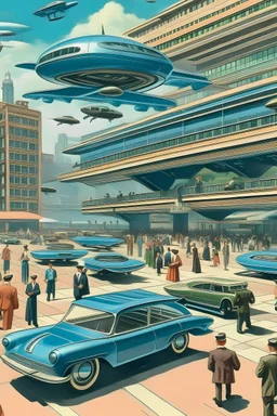 A citi in 2400 with flying cars and people walking