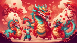 fantasy cartoon style illustration: chinese new year celebration dragon dance