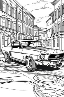 coloring page, car mustang alternative parked on the street, cartoon style, thick lines, few details, no shadows, no colors
