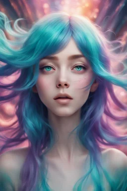 A stunning Anime girl suspended in a kaleidoscope of colors, captured in a photorealistic, cinematic photograph, as if plucked from a dream sequence. Her vibrant turquoise hair flows like a river, contrasting with the muted, earthy tones of her skin, set against a gradient of iridescent pinks and purples, evoking a sense of ethereal mysticism. Soft, cinematic film grain textures the image, infusing it with a sense of nostalgic warmth, as if lit by the flickering lights of a vintage cinema.