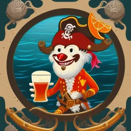 Die digitale Illustration zeigt einen Piraten mit kurzen, schwarzen, lockigen Haaren und einem runden Gesicht. Er trägt Piratenkleidung und hält einen Becher Bier in der Hand. Der Hintergrund der Illustration ist das Meer, auf dem ein Piratenschiff segelt. Verschiedene Zitrusfrüchte liegen verstreut herum und die Farben sind gedämpft. Die Illustration zeichnet sich durch detaillierte Fantasy-Kunsttechniken und eine auffällige Komposition aus. Der Pirat hat einen dynamischen Posing-Stil und 