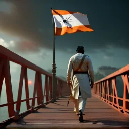 A big hindu man walking on the bridge with orange flag , day , realistic , high resolution , HD , 1920pX1080p , dark