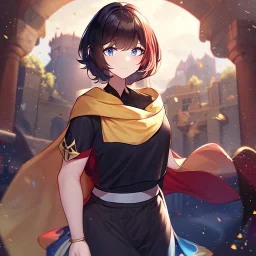 Clear focus,High resolution, Black short fluffy hair, and blue eyes, wearing a blue crop top sleeveless, wearing a red cut sleeve, wearing a black shirt, wearing long white socks, wearing a yellow cloak