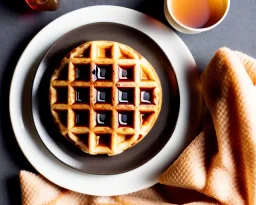 Round waffle with maple syrup plate, plaid napkin forks