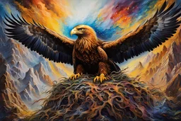In the style of Josephine Wall, an oil brush painting of a Golden Eagle, wide angle view, it's sitting in splendour on a big nest protecting its two or three eaglets. Stunning colours, Spectacular. 8K graffiti art, splash art, street art, spray paint, oil gouache melting, acrylic, high contrast, colorful polychromatic, ultra detailed, ultra quality, CGSociety