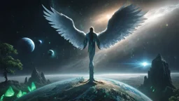 matrix universe, space, planets, god creation, angels from other dimensions with beautiful wings, trees on the planet, behind green crystals of light, few tiberium monolith deposits on the planet near tree,