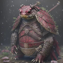 Ultra realistic rendering of turtle samurai, blood, guts, wildflower, intricate, darkred tones,