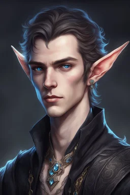 a wealthy half-elf young man with pointy ears and blue eyes, wears lots of jewelry, pale skin, soft face, dark clothing