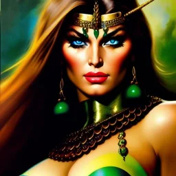 portrait oil on canvas, beautiful busty female Barbarian Warrior,green eyes, ,minimal armor,comic book cover, mystical colors,insanely detailed,realistic,intrincate detail, 16k resolution, masterpiece,Frank Frazetta,Alex Horley, Simon Bisley