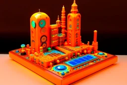 A salmon orange colored electrical city made out EDM instruments designed in Ica stones painted by Gustav Klimt