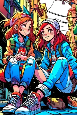 çizgi roman tarzıiki kız beraber sokakta oturuyorlar yaşları daha büyük liseliler daha renkli kızlardan birinin saçı kabarık diğerininki ise biraz uzun geniş açı ikisininde vücudu tam görünsün 2 boyutlu çizgi roman tarzı koyu gölgelendirme ayakları düzelt 3 boyutlu biraz daha üç boyutlu 3 boyutlu kızların fiziklerini değiştir anime tarzında değil