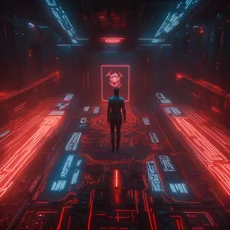 generate an evil giant ai hologram that looks similar to the bladerunner hologram, regime controlled by the ai, superior perspective, camera looking up, 8k , masterpiece, dark, evil, hologramm, ai, cables, red