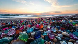 a beach strewn with brightly colored pieces of sea-eroded glass with shells, seaweed and a sunset-colored sky