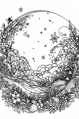 outline art for Color the stars, moon, and sky, leaving the background dark coloring pages with sitch, white background, Sketch style, full body, only use outline, clean line art, white background, no shadows and clear and well outlined.