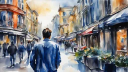 watercolor, man in the city, impressionism, alcohol oil painting of a city, 32k resolution, hyper-detailed, fine detail, fine rendering, airbrush strokes, 8k concept art, hyper-detailed, intricate detail