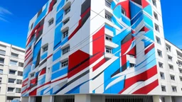 A large building is adorned with a mural that blends abstract art with architectural elements. The mural features a dynamic composition of geometric shapes in shades of white, gray, blue, and red, creating a three-dimensional effect that interacts with the building's structure. The artwork appears to extend beyond the flat surface, giving the illusion of depth and movement. The building itself is a multi-story structure with rows of windows and balconies, painted in neutral tones that contrast w