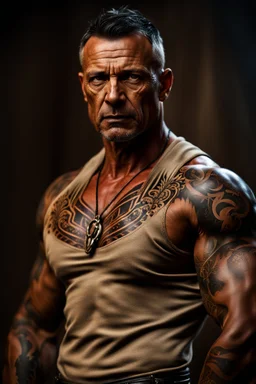 portrait of a 45 year old Handsome muscular mercenary with light bronze skin adorned with tattoos. photorealistic