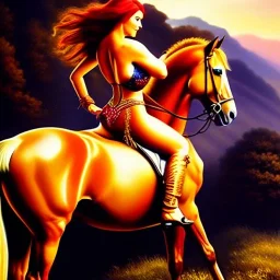 Ultra detailed fullbody Portrait in oil on canvas of beautiful busty fit Redsonja Riding a Red Horse ,extremely detailed digital painting, extremely detailed face, crystal clear eyes, mystical colors ,perfectly centered image, perfect composition, rim light, beautiful lighting,masterpiece ,8k, stunning scene, raytracing, anatomically correct, in the style of Steve Jung and robert e howard and Wizyakuza and Ohrai Noriyoshi and Simon Bisley and uncannyknack.