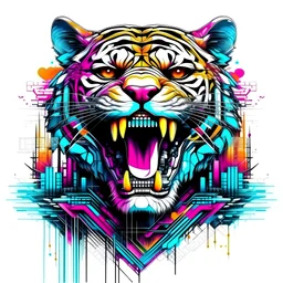 STICKER tshirt print design (on a white background1.2), digital art of Cybernetic Tiger roaring amidst pixelated neon cityscapes, (Retro-futuristic1.2), highly detailed, 4k, masterpiece.