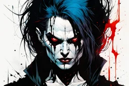 create a highly ethereal, darkly magical full body portrait illustration of a ragged malevolent female goth vampire , with highly detailed and deeply cut facial features, in the comic art style of FRANK MILLER and BILL SIENKIEWICZ, searing lines and forceful strokes, precisely drawn, boldly inked, with vibrant colors