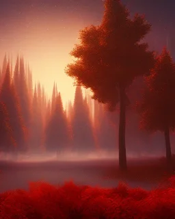 Landscape at night trees in the mist in the background, birds in the sky, red mars, forest, black, two tone colours