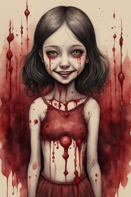 body anormal, smile blood, girl cute, watercolor illustration by <John Kenn Mortensen>, darkred tones,