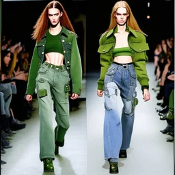 Women model catwalk wearing cargo jeans with patch jellow and green