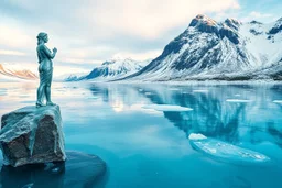 in a frozen sea with pretty mountains a full lady statue in artist pose looking at camera, of clear glass like ice that going to melt and water drops fall from all body.