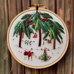 exquisite whimsical christmas forest in embroidery hoop, intricate, highly detailed, linen and wood backdrop