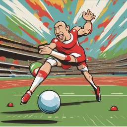 Futbolista pateando un balón al arco con muchísima fuerza arte cartoon