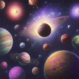 galaxy, nirvana, fantasy world,gas planets,with clouds,a couple of planets that are in the sky, abstract 3 d artwork, ufotable art style, dreamy and detailed,the planets are formed from clouds,the sky has stars, the planets are colored with red black purple violet,like a aurora borealis,no sun in picture