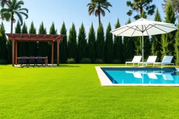 4k Image is a digital rendering of a spacious backyard garden, featuring a lush green lawn that stretches across the foreground. On the right side, there is a rectangular swimming pool with clear blue water, surrounded by six white lounge chairs, each with a white cushion. A large white umbrella provides shade over one of the chairs. To the left, a wooden pergola with a slatted roof stands over a dining area, which includes a long table and several chairs. The background is filled with tall, den