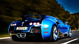 A sleek (((bugatti hyper super veyron))),, cutting through a (((clear bright blue morning sky))) rear view