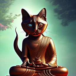 Elegant feline (Siamese cat) laying on Buddha statues lap, observing Thailand, painting impressionism, beautiful, artistic detailed Modifier...