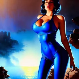 Drawing of beautiful face,'beautiful booty,Busty fit Sexy Vault Woman- Fallout 4 ',intense stare, ancient blue skintight suit, balanciaga fashion clothe painting by gaston bussiere, greg rutkowski, yoji shinkawa, yoshitaka amano, tsutomu nihei, donato giancola, tim hildebrandt,KyuYong Eom,Ren Wei Pan Oil on canvas, cinematic composition, extreme detail,fit full head inside picture,16k