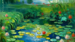 A lilypond in Navajo yarn painted by Claude Monet
