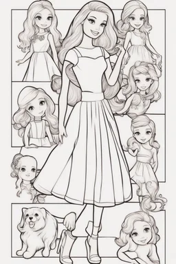 outline art for kids barbie coloring pages with barbie and her friends, no background, sketch style, full body, only use outline, mandala style, clean line art, white background, no shadows and clear and well outlined. should look exactly like barbie