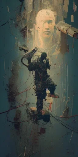 silouhette of character with a chainsaw each protruding out of head and hands, highly intricate hyperdetailed matte photography by Ismail Inceoglu,Sakiyama,James Gurney,Victro Ngai & Kaluta,cover art,poster art,long exposure,cel-shaded,masterpiece,award-winning