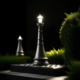 garden light, rook in chess shape lighting, retro-modern style, minimalist design, simple rectangular form, grey background