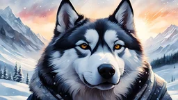 Portrait of a husky, Snow landscape, trees, Mountains, droplets, breathtaking light, watercolour, Alkohol ink, intricate details, professional ominous concept art, by artgerm and greg rutkowski, an intricate, elegant, highly detailed digital painting, concept art, smooth, sharp focus, illustration, in the style of simon stalenhag, wayne barlowe, and igor kieryluk., Watercolor, trending on artstation, sharp focus, studio photo, intricate details, highly detailed, by greg rutkowski
