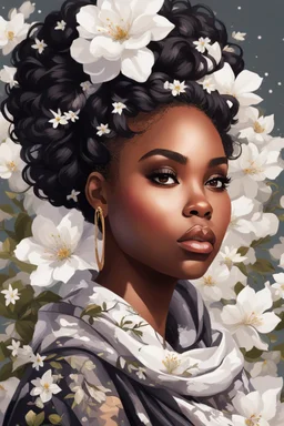 create an urban culture art image of a black curvy female looking to the side with a curly messy bun in a wrapped hair scarf. prominent make up with hazel eyes. 2k Highly detailed hair. Background of white clematis flowers surrounding her