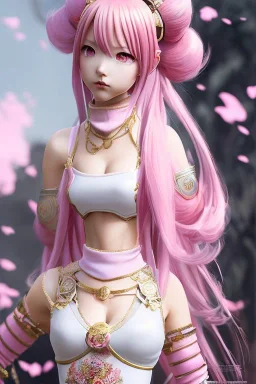 Detailed cute anime Kunoichi girl, pink hair buns, pink bangs, black latex bodysuit, intricate details, full body portrait, keep head in frame, slight smile, black Japanese motif, concept art, highly detailed, digital painting, concept art, sharp focus, illustration, art by Yoji Shinkawa, WLOP and greg rutkowski and alphonse mucha and artgerm and yanjun Chen and Junji ito and Makoto Shinkai, HDR, octane render