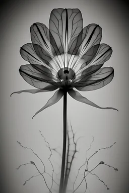 Realistic x-ray flower with intricate details, texturized effect, black and white, inspired by Hugh Turvey, Bert Myers and flower photography, enhanced with dramatic lighting